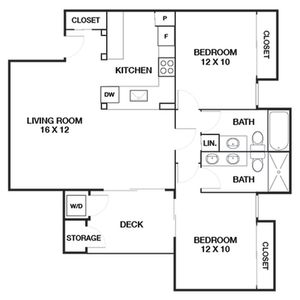 Modern floor plan featuring 2 bedrooms, 2 bathrooms, and an open living room leading to a private deck. Includes ample closet space and a contemporary kitchen layout.