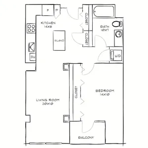 Modern floor plan with 1 bedroom, spacious living room, and a sleek kitchen with an island, featuring a private balcony.
