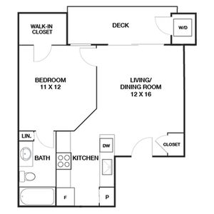 Elegant floor plan featuring a spacious 1-bedroom with walk-in closet, combined living and dining area, modern kitchen, and a private deck.
