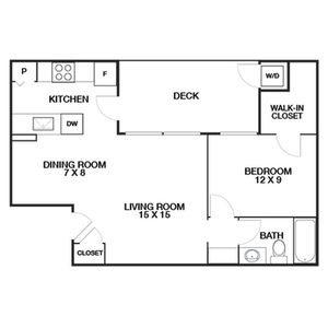 Modern floor plan featuring a cozy 1-bedroom apartment with a spacious living room, efficient kitchen, and inviting deck, complete with a walk-in closet and convenient dining area.