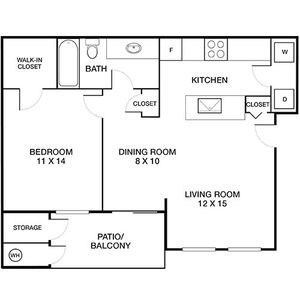 Charming floor plan featuring 1 bedroom with walk-in closet, spacious living room, dining area, kitchen, and a cozy patio/balcony.