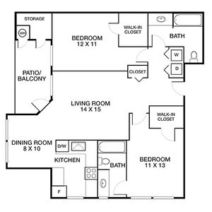 Inviting floor plan showcasing 2 bedrooms with walk-in closets, a welcoming living room, stylish kitchen, dining area, and convenient patio access.