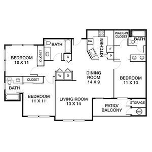 Modern floor plan showcasing 3 bedrooms, open dining and living areas, large kitchen, and a patio with storage space.