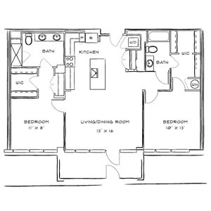 Inviting apartment floor plan featuring 2 bedrooms, 2 bathrooms, a modern kitchen, and a spacious living/dining area.
