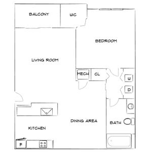 Elegant floor plan featuring one bedroom, spacious living room, modern kitchen with dining area, and balcony access.