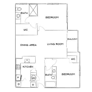 Modern floor plan showcasing 2 bedrooms, spacious living room, dining area, and a cozy balcony.