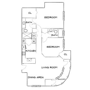 Contemporary floor plan showcasing two stylish bedrooms, two modern bathrooms, a sleek kitchen, and an elegant living-dining area with a balcony.