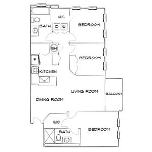 Modern floor plan showcasing 3 bedrooms, open living and dining areas, gourmet kitchen, and private balcony.