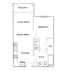 Contemporary floor plan featuring one bedroom, a sleek kitchen, open living and dining area, and spacious balcony.