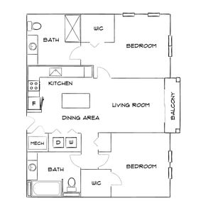 Chic floor plan displaying 2 bedrooms, open kitchen and dining area, expansive living room, and private balcony.