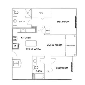 Modern floor plan featuring 2 bedrooms, 2 baths, open kitchen, and living room with balcony.