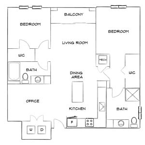 Modern 2D floor plan showcasing 2 bedrooms, an expansive living room with balcony access, a well-equipped kitchen, dining area, and a dedicated office space.