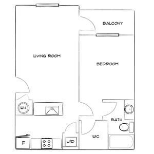 Charming 1-bedroom floor plan with a cozy living room, modern kitchen, private balcony, and sleek bathroom.