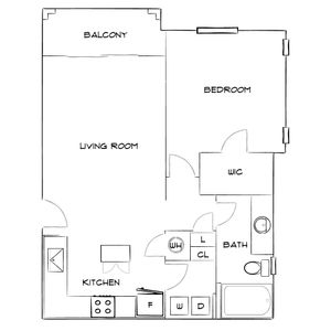 Modern floor plan with 1 bedroom, spacious living room, open kitchen, bathroom, and a charming balcony.