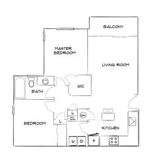 Elegant floor plan with 2 bedrooms, expansive living room, modern kitchen, and a balcony for serene views.