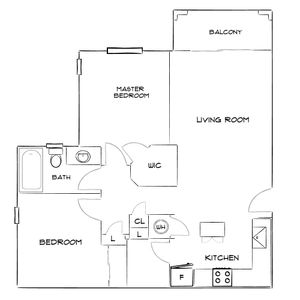 Elegant floor plan featuring master and additional bedroom, spacious living room, modern kitchen, bathroom, walk-in closet, and balcony.