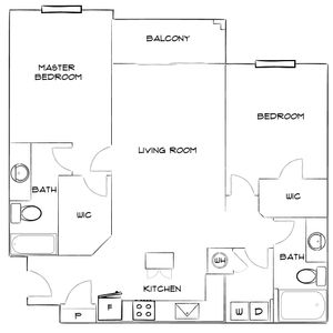 Modern floor plan showcasing 2 bedrooms with walk-in closets, 2 bathrooms, open living room, and kitchen, featuring a balcony.