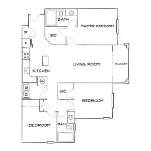 Inviting floor plan with 3 bedrooms, modern kitchen, spacious living room, and a charming balcony.