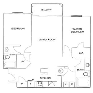 Charming floor plan featuring a spacious living room, two bedrooms, including a master suite, two baths, a modern kitchen, and a balcony.