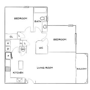Modern floor plan showcasing 2 bedrooms, open kitchen with adjacent living room, luxurious walk-in closet, and a private balcony.