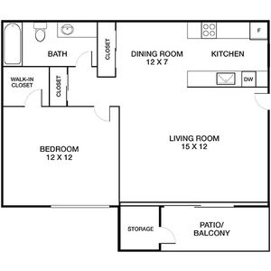 Inviting floor plan featuring a spacious 12x12 bedroom, modern bath, cozy dining area, practical kitchen, large 15x12 living room, and a relaxing patio/balcony with additional storage.