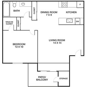 Inviting floor plan showcasing 1 bedroom with walk-in closet, airy living room, functional kitchen, dining area, and patio for relaxation.