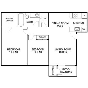 Charming 2-bedroom apartment floor plan featuring a spacious living room, cozy dining area, and modern kitchen with a patio/balcony for outdoor enjoyment.