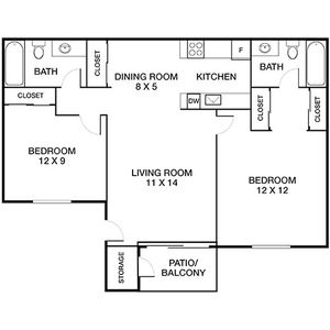 Efficient floor plan displaying two bedrooms, two bathrooms, a cozy living room, and an inviting kitchen with dining area, complete with a patio or balcony.