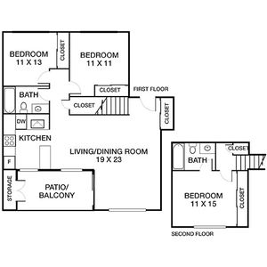 Charming split-level floor plan featuring 3 bedrooms, open living/dining area, modern kitchen with patio access, and two bathrooms for convenience.