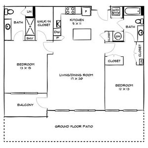 Charming floor plan showcasing 2 bedrooms, an inviting living/dining area, modern kitchen, and spacious ground floor patio with balcony access.