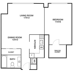 Modern apartment floor plan with a spacious living room, dining room, one bedroom with a walk-in closet, and a well-equipped kitchen in an open layout.