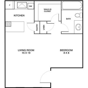 Modern floor plan featuring a cozy 1-bedroom with a walk-in closet, spacious living room, efficient kitchen, and convenient bath layout.