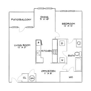 Contemporary floor plan showcasing a spacious 1 bedroom with walk-in closet, office/den, and open living space with patio access.