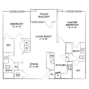 Modern floor plan showcasing a spacious two-bedroom apartment with a master suite, open living and dining area, kitchen, and private patio.