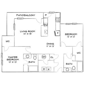 Charming floor plan with two bedrooms, two baths, a spacious living room with adjoining patio, and a modern kitchen.