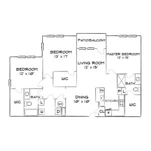 Spacious floor plan featuring 3 bedrooms, a master bedroom with en-suite, open dining and living area, and a modern kitchen with pantry.