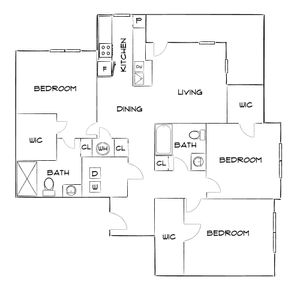 Inviting floor plan showcasing 3 bedrooms with walk-in closets, a bright living area, and a modern kitchen.