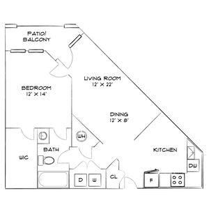 Modern floor plan featuring a spacious bedroom with walk-in closet, open living and dining area, and a convenient kitchen layout. Includes a patio for outdoor relaxation.