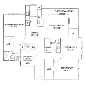 Elegant floor plan showcasing three bedrooms, an open living room with access to a spacious patio, a modern kitchen, and convenient dining area.
