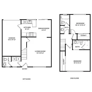 Two Bedroom Two and One Half Bath Floor Plan Image
