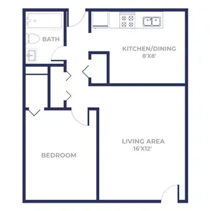 One bedroom one bathroom apartment floor plan with 8 by 8 kitchen and dining area, 16 by 12 living room, separate bedroom, closet storage, and full bath layout.
