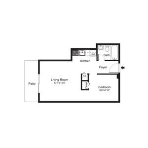 Chic floor plan featuring a cozy 1-bedroom with a stylish kitchen, inviting living room, and a relaxing patio space.