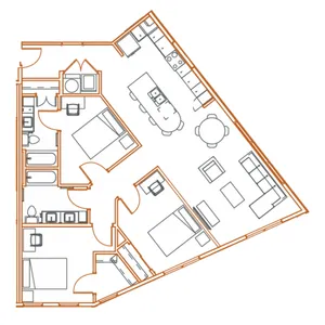 Contemporary floor plan showcasing a unique layout with 2 bedrooms, 2 bathrooms, and an expansive open kitchen-living area featuring modern amenities.