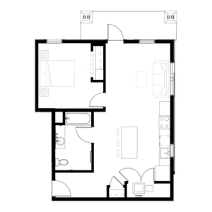 Modern floor plan showcasing 1 bedroom, spacious open-plan living and dining area, and a functional kitchen.