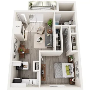 Birch | One Bedroom | 578 sqft | Pantry in Kitchen | Patio/Balcony | Outside Storage | Fireplace in Select Homes | Vaulted Ceilings in Select Homes | and Creek Views in Select Homes.