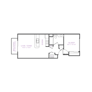 Modern apartment floor plan featuring a spacious living and dining area, a cozy bedroom, a stylish kitchen, and a balcony providing outdoor space.