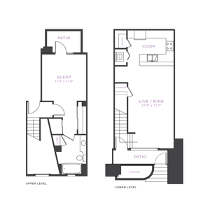 Chic two-level floor plan featuring a spacious living and dining area, modern kitchen, cozy bedroom, and two patios for outdoor relaxation.