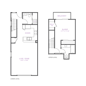 Chic two-level floor plan featuring a spacious living and dining area, modern kitchen, and one bedroom with a walk-in closet and private balcony.