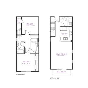 Chic dual-level floor plan featuring two spacious bedrooms, modern kitchen, open-concept living and dining area, and a private balcony.