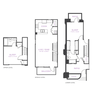 Modern three-level floor plan showcasing two bedrooms, spacious living and dining area, stylish kitchen with pantry, and inviting balcony and patio spaces.